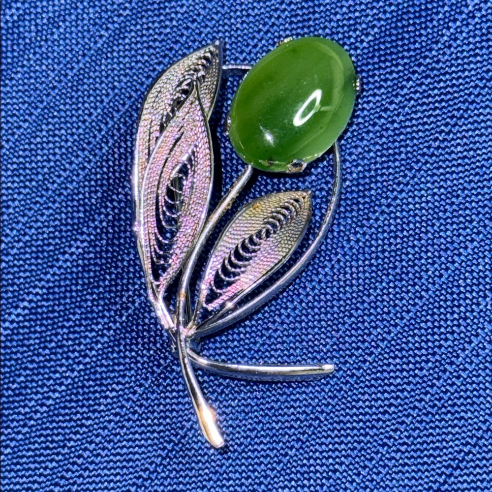 Vintage Nephrite Silver tone Filigree Flower Pin, Leaves Brooch